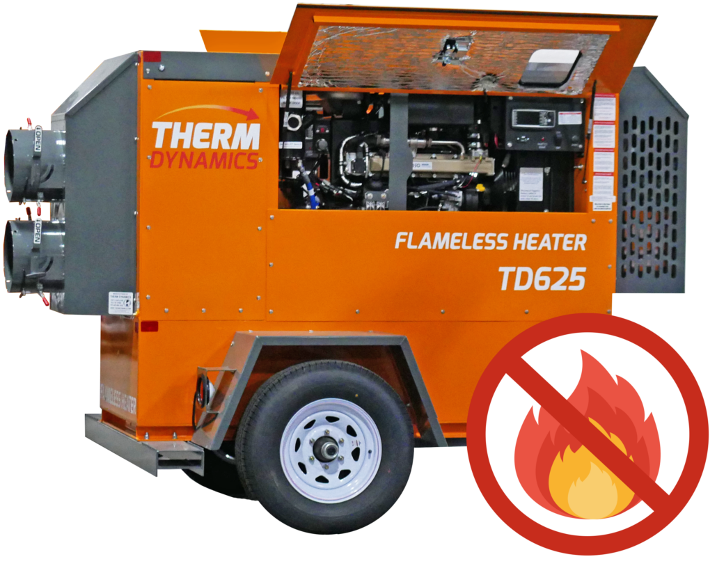 TD625 Portable Flameless Heater with icon depicting that there is no flame or spark risk