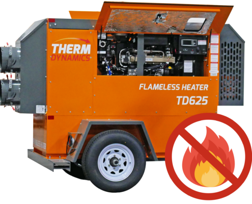 TD625 Portable Flameless Heater with icon depicting that there is no flame or spark risk